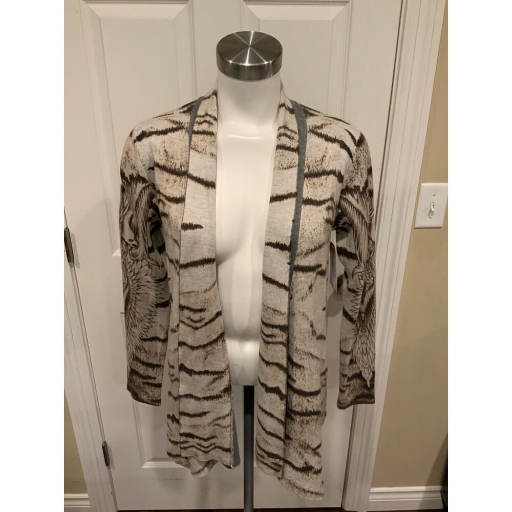 Alberto Makali Brown & Gray W/ Zebra Stripe, Open Front Cardigan, Size Medium